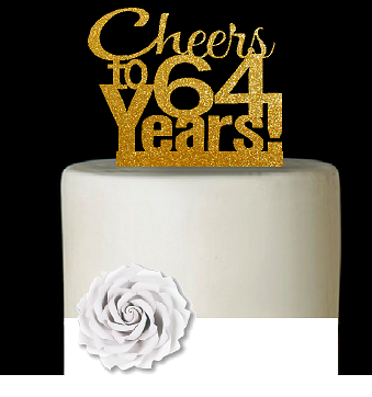 64th Birthday - Anniversary Cheers Gold Glitter Cake Decoration Topper