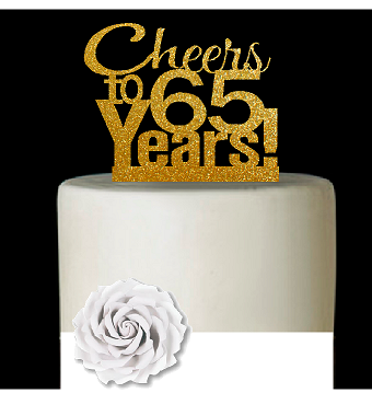 65th Birthday - Anniversary Cheers Gold Glitter Cake Decoration Topper