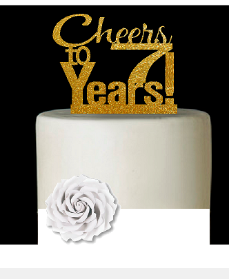 7th Birthday - Anniversary Cheers Gold Glitter Cake Decoration Topper
