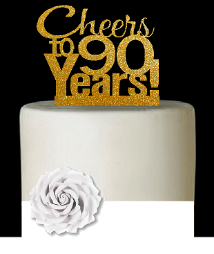 90th Birthday - Anniversary Cheers Gold Glitter Cake Decoration Topper