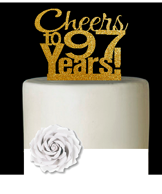 97th Birthday - Anniversary Cheers Gold Glitter Cake Decoration Topper