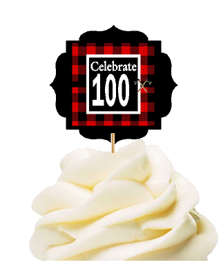 Specially Crafted 100th Birthday - Anniversary LumberJack Buffalo Plaid Novelty Cupcake Decoration Toppers -  Picks -12ct