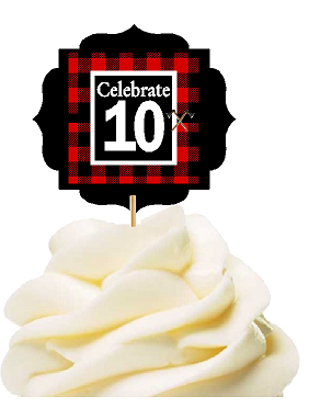 Specially Crafted 10th Birthday - Anniversary LumberJack Buffalo Plaid Novelty Cupcake Decoration Toppers -  Picks -12ct