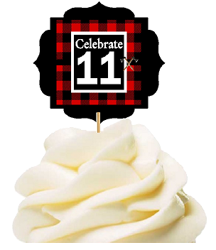Specially Crafted 11th Birthday - Anniversary LumberJack Buffalo Plaid Novelty Cupcake Decoration Toppers -  Picks -12ct