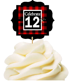 Specially Crafted 12th Birthday - Anniversary LumberJack Buffalo Plaid Novelty Cupcake Decoration Toppers -  Picks -12ct