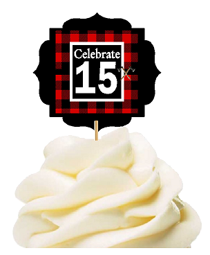 Specially Crafted 15th Birthday - Anniversary LumberJack Buffalo Plaid Novelty Cupcake Decoration Toppers -  Picks -12ct