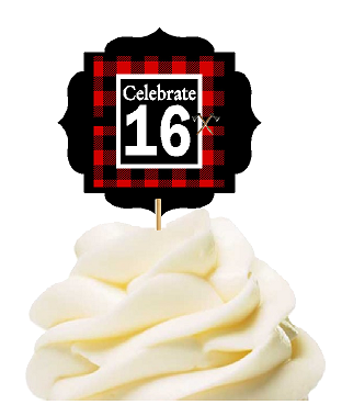 Specially Crafted 16th Birthday - Anniversary LumberJack Buffalo Plaid Novelty Cupcake Decoration Toppers -  Picks -12ct