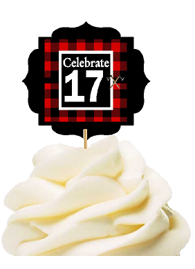 Specially Crafted 17th Birthday - Anniversary LumberJack Buffalo Plaid Novelty Cupcake Decoration Toppers -  Picks -12ct