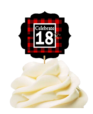 Specially Crafted 18th Birthday - Anniversary LumberJack Buffalo Plaid Novelty Cupcake Decoration Toppers -  Picks -12ct