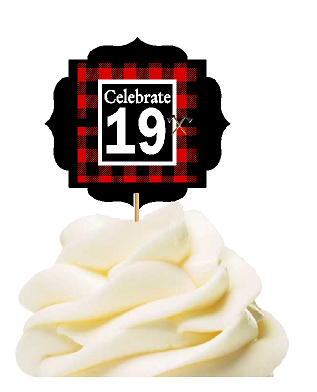 Specially Crafted 19th Birthday - Anniversary LumberJack Buffalo Plaid Novelty Cupcake Decoration Toppers -  Picks -12ct