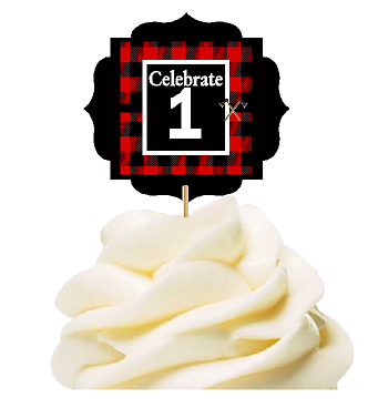 Specially Crafted 1st Birthday - Anniversary LumberJack Buffalo Plaid Novelty Cupcake Decoration Toppers -  Picks -12ct