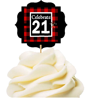 Specially Crafted 21st Birthday - Anniversary LumberJack Buffalo Plaid Novelty Cupcake Decoration Toppers -  Picks -12ct