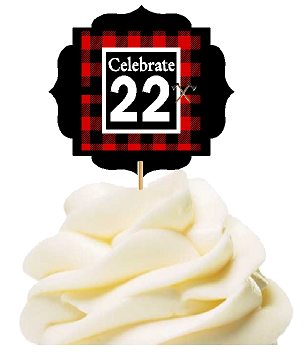 Specially Crafted 22nd Birthday - Anniversary LumberJack Buffalo Plaid Novelty Cupcake Decoration Toppers -  Picks -12ct