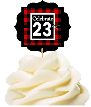 Specially Crafted 23rd Birthday - Anniversary LumberJack Buffalo Plaid Novelty Cupcake Decoration Toppers -  Picks -12ct