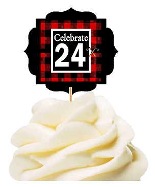 Specially Crafted 24th Birthday - Anniversary LumberJack Buffalo Plaid Novelty Cupcake Decoration Toppers -  Picks -12ct