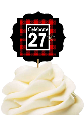 Specially Crafted 27th Birthday - Anniversary LumberJack Buffalo Plaid Novelty Cupcake Decoration Toppers -  Picks -12ct