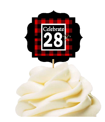 Specially Crafted 28th Birthday - Anniversary LumberJack Buffalo Plaid Novelty Cupcake Decoration Toppers -  Picks -12ct