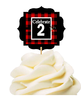 Specially Crafted 2nd Birthday - Anniversary LumberJack Buffalo Plaid Novelty Cupcake Decoration Toppers -  Picks -12ct
