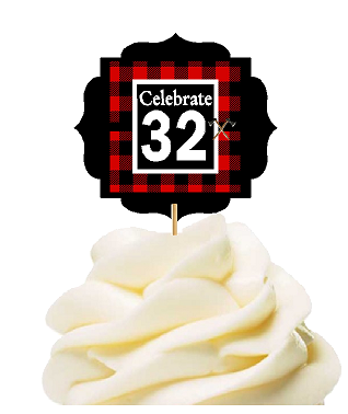 Specially Crafted 32nd Birthday - Anniversary LumberJack Buffalo Plaid Novelty Cupcake Decoration Toppers -  Picks -12ct