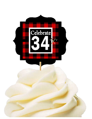 Specially Crafted 34th Birthday - Anniversary LumberJack Buffalo Plaid Novelty Cupcake Decoration Toppers -  Picks -12ct