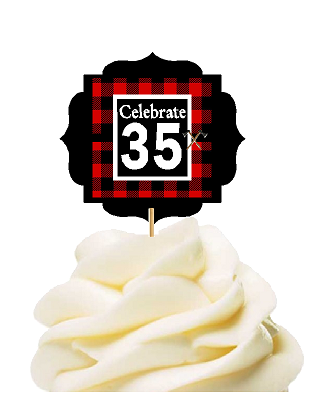 Specially Crafted 35th Birthday - Anniversary LumberJack Buffalo Plaid Novelty Cupcake Decoration Toppers -  Picks -12ct