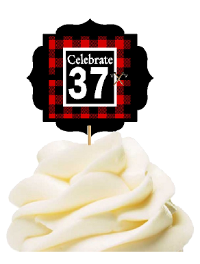 Specially Crafted 37th Birthday - Anniversary LumberJack Buffalo Plaid Novelty Cupcake Decoration Toppers -  Picks -12ct