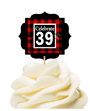 Specially Crafted 39th Birthday - Anniversary LumberJack Buffalo Plaid Novelty Cupcake Decoration Toppers -  Picks -12ct