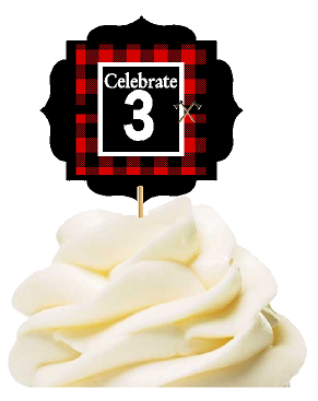 Specially Crafted 3rd Birthday - Anniversary LumberJack Buffalo Plaid Novelty Cupcake Decoration Toppers -  Picks -12ct