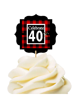 Specially Crafted 40th Birthday - Anniversary LumberJack Buffalo Plaid Novelty Cupcake Decoration Toppers -  Picks -12ct