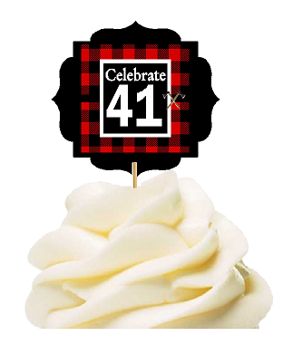 Specially Crafted 41st Birthday - Anniversary LumberJack Buffalo Plaid Novelty Cupcake Decoration Toppers -  Picks -12ct