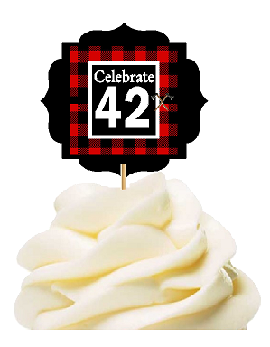 Specially Crafted 42nd Birthday - Anniversary LumberJack Buffalo Plaid Novelty Cupcake Decoration Toppers -  Picks -12ct