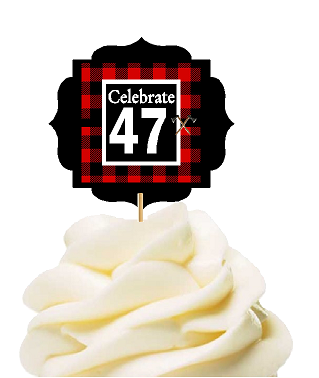 Specially Crafted 47th Birthday - Anniversary LumberJack Buffalo Plaid Novelty Cupcake Decoration Toppers -  Picks -12ct