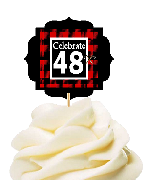 Specially Crafted 48th Birthday - Anniversary LumberJack Buffalo Plaid Novelty Cupcake Decoration Toppers -  Picks -12ct