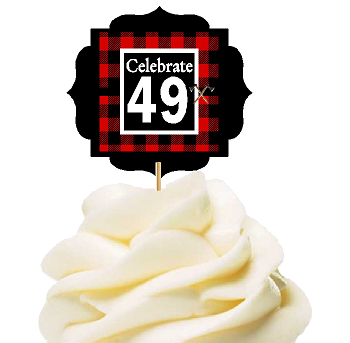 Specially Crafted 49th Birthday - Anniversary LumberJack Buffalo Plaid Novelty Cupcake Decoration Toppers -  Picks -12ct