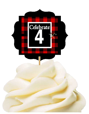 Specially Crafted 4th Birthday - Anniversary LumberJack Buffalo Plaid Novelty Cupcake Decoration Toppers -  Picks -12ct