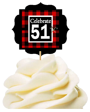 Specially Crafted 51st Birthday - Anniversary LumberJack Buffalo Plaid Novelty Cupcake Decoration Toppers -  Picks -12ct
