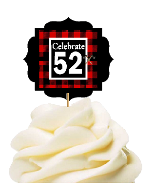 Specially Crafted 52nd Birthday - Anniversary LumberJack Buffalo Plaid Novelty Cupcake Decoration Toppers -  Picks -12ct