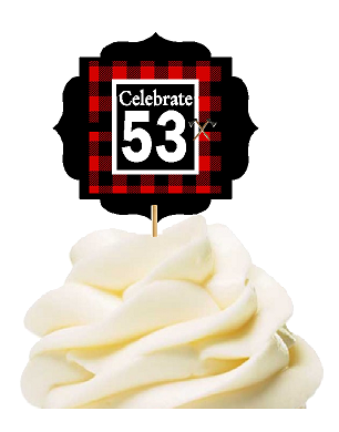 Specially Crafted 53rd Birthday - Anniversary LumberJack Buffalo Plaid Novelty Cupcake Decoration Toppers -  Picks -12ct