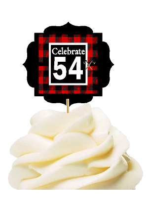 Specially Crafted 54th Birthday - Anniversary LumberJack Buffalo Plaid Novelty Cupcake Decoration Toppers -  Picks -12ct