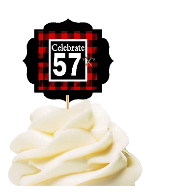 Specially Crafted 57th Birthday - Anniversary LumberJack Buffalo Plaid Novelty Cupcake Decoration Toppers -  Picks -12ct
