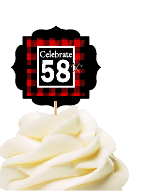 Specially Crafted 58th Birthday - Anniversary LumberJack Buffalo Plaid Novelty Cupcake Decoration Toppers -  Picks -12ct