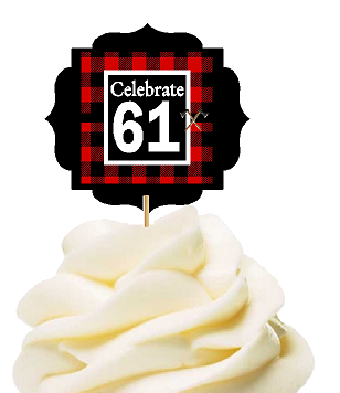 Specially Crafted 61st Birthday - Anniversary LumberJack Buffalo Plaid Novelty Cupcake Decoration Toppers -  Picks -12ct