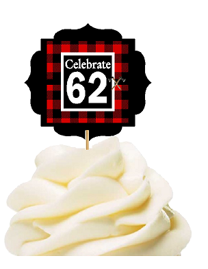 Specially Crafted 62nd Birthday - Anniversary LumberJack Buffalo Plaid Novelty Cupcake Decoration Toppers -  Picks -12ct