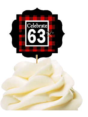 Specially Crafted 63rd Birthday - Anniversary LumberJack Buffalo Plaid Novelty Cupcake Decoration Toppers -  Picks -12ct