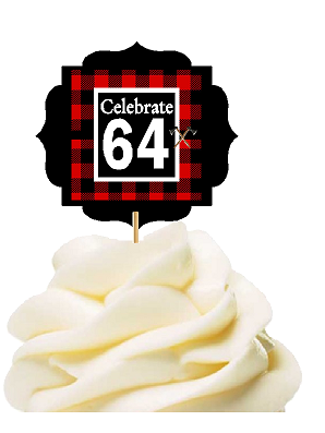 Specially Crafted 64th Birthday - Anniversary LumberJack Buffalo Plaid Novelty Cupcake Decoration Toppers -  Picks -12ct
