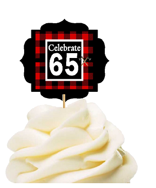 Specially Crafted 65th Birthday - Anniversary LumberJack Buffalo Plaid Novelty Cupcake Decoration Toppers -  Picks -12ct