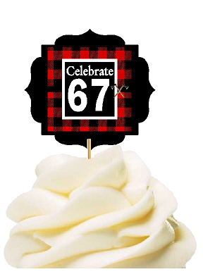 Specially Crafted 67th Birthday - Anniversary LumberJack Buffalo Plaid Novelty Cupcake Decoration Toppers -  Picks -12ct