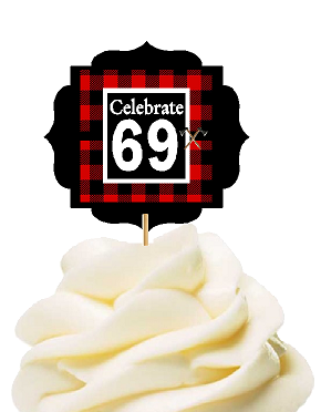 Specially Crafted 69th Birthday - Anniversary LumberJack Buffalo Plaid Novelty Cupcake Decoration Toppers -  Picks -12ct