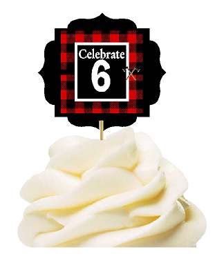 Specially Crafted 6th Birthday - Anniversary LumberJack Buffalo Plaid Novelty Cupcake Decoration Toppers -  Picks -12ct