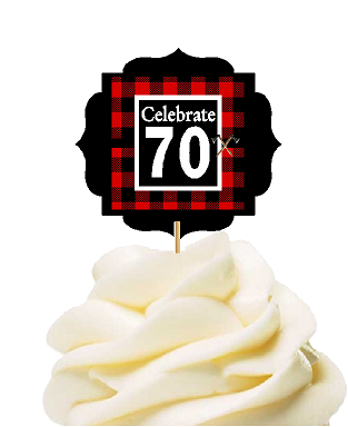 Specially Crafted 70th Birthday - Anniversary LumberJack Buffalo Plaid Novelty Cupcake Decoration Toppers -  Picks -12ct